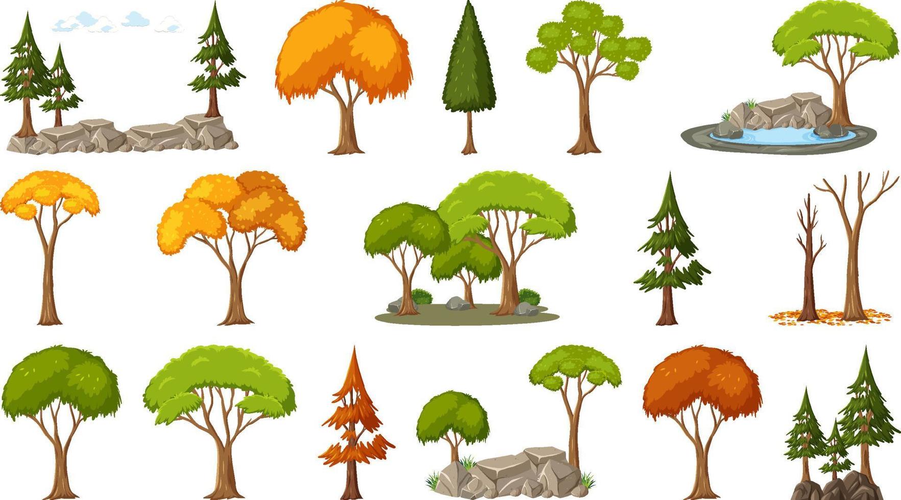Conjunto de árboles de cuatro estaciones sobre fondo blanco. vector