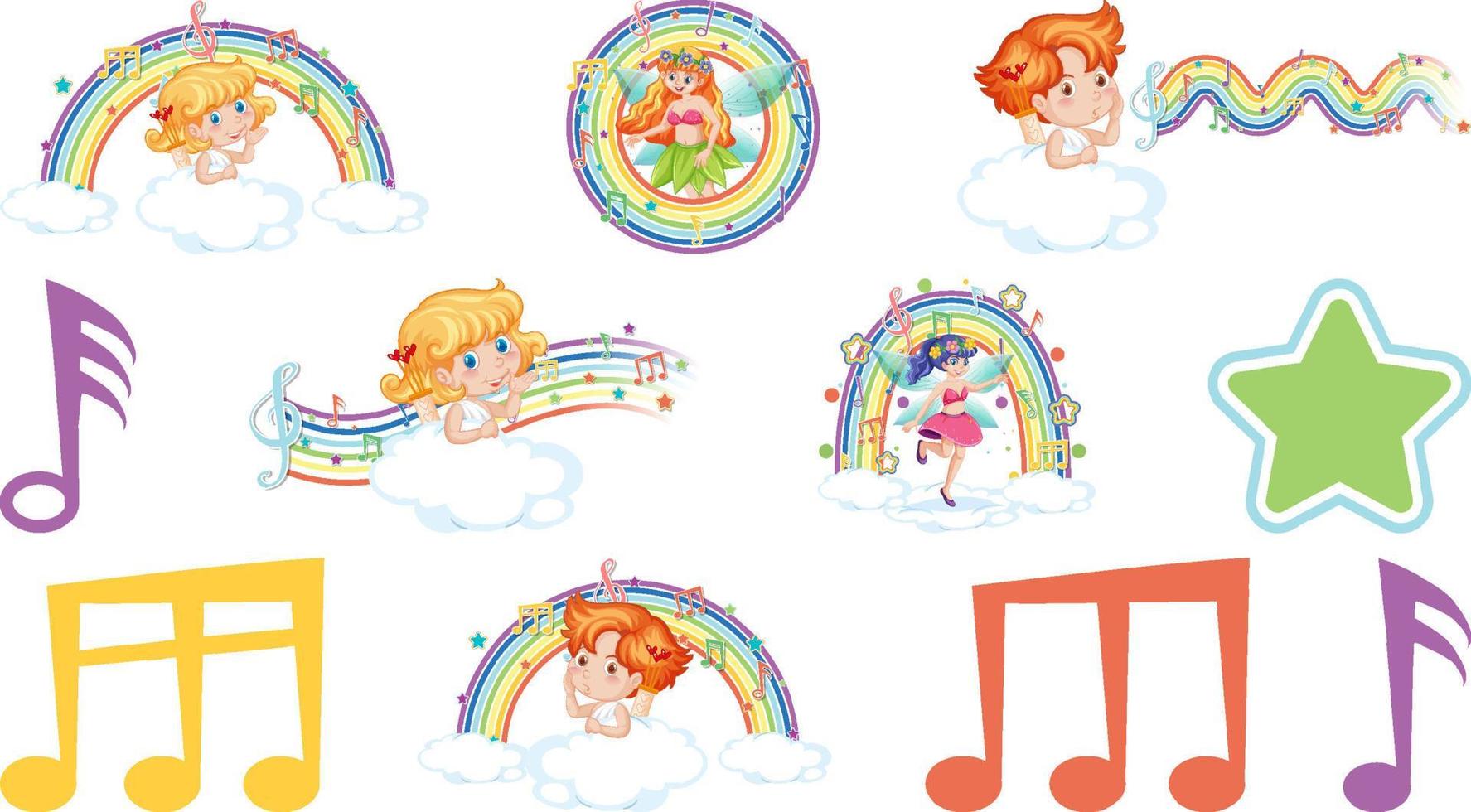 Set of fantasy fairies and cupids with rainbow elements vector