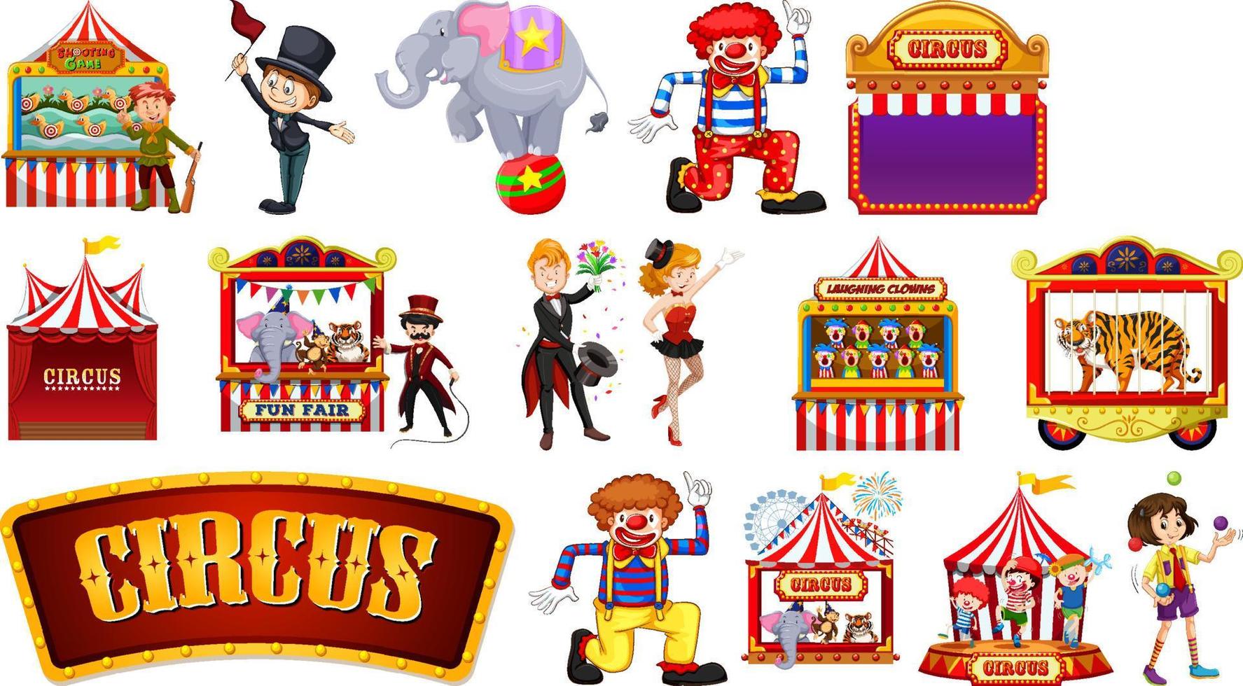 conjunto de personajes de circo y elementos del parque de atracciones. vector