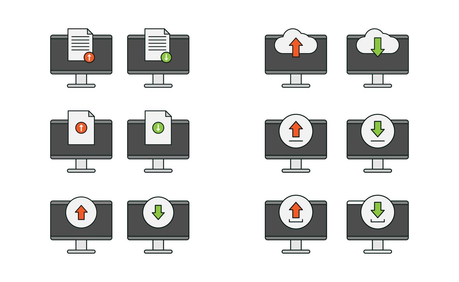 Computer, upload and download icon vector design, cloud, document, arrow upload and download vector icon set