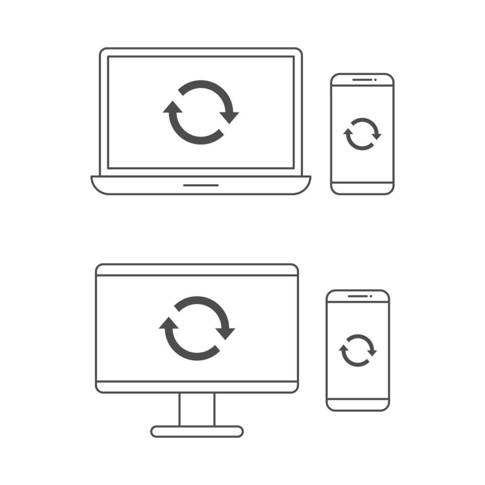 computadora portátil, computadora y teléfono inteligente sincronizar o reiniciar el diseño del vector de la línea del icono