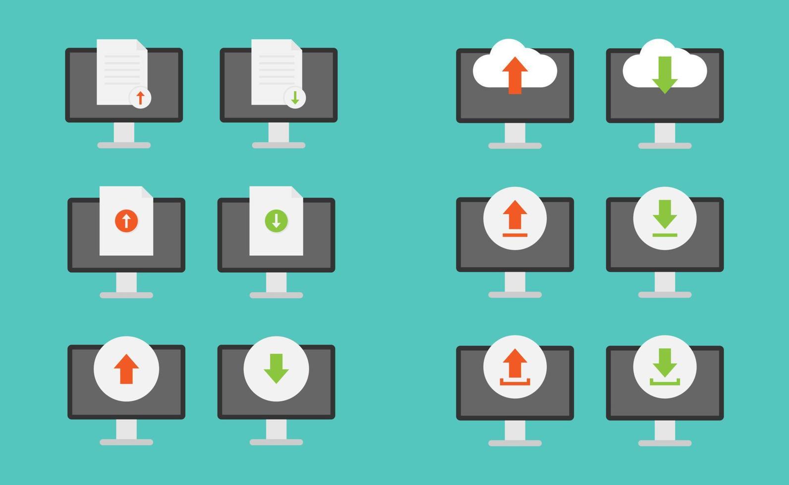 Computer, upload and download vector design, cloud, document, arrow upload and download vector set