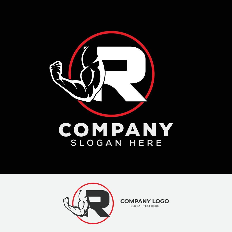 Muscular arm letter R logo design Letter R arm biceps in negative space. Simple, excellent, minimal logo design suitable for gym, fitness apparel, gear, sports, etc vector