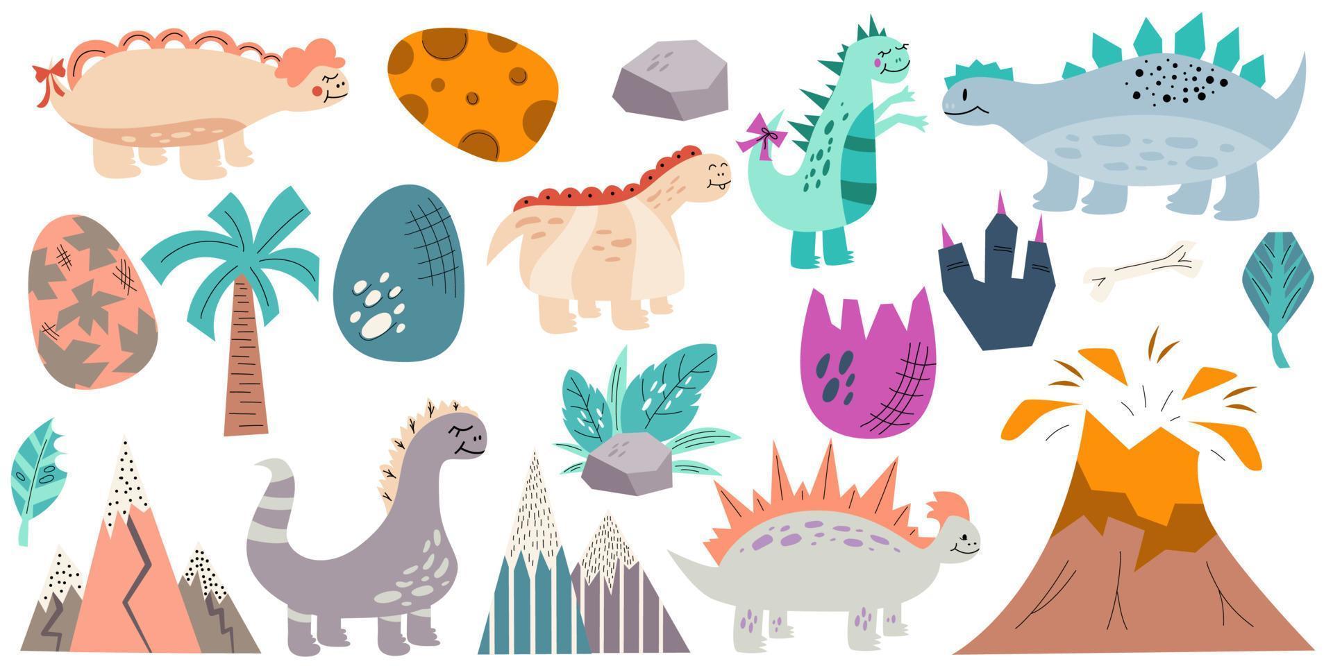 dinosaurios y huevos lindos con volcán y montañas para niños en conjunto aislado sobre fondo blanco. Imágenes Prediseñadas de dinosaurio con huevos para textiles para bebés en estilo plano.Ilustración de vector. vector