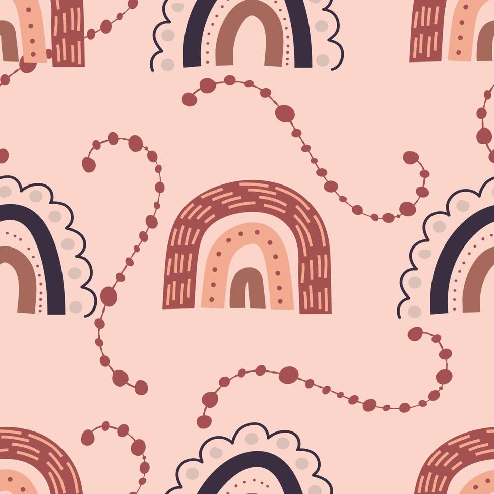 Boho rainbow seamless pattern, bohemian repeating pattern in earthy colors.For baby textiles in a flat Nordic style. Vector illustration with simple shapes and striped rainbows.