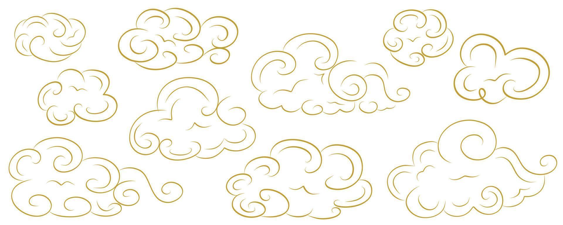 Gold Chinese clouds with curls in a set on a white background.Eastern heavenly design of different shapes of clouds in flat style. Vector illustration.