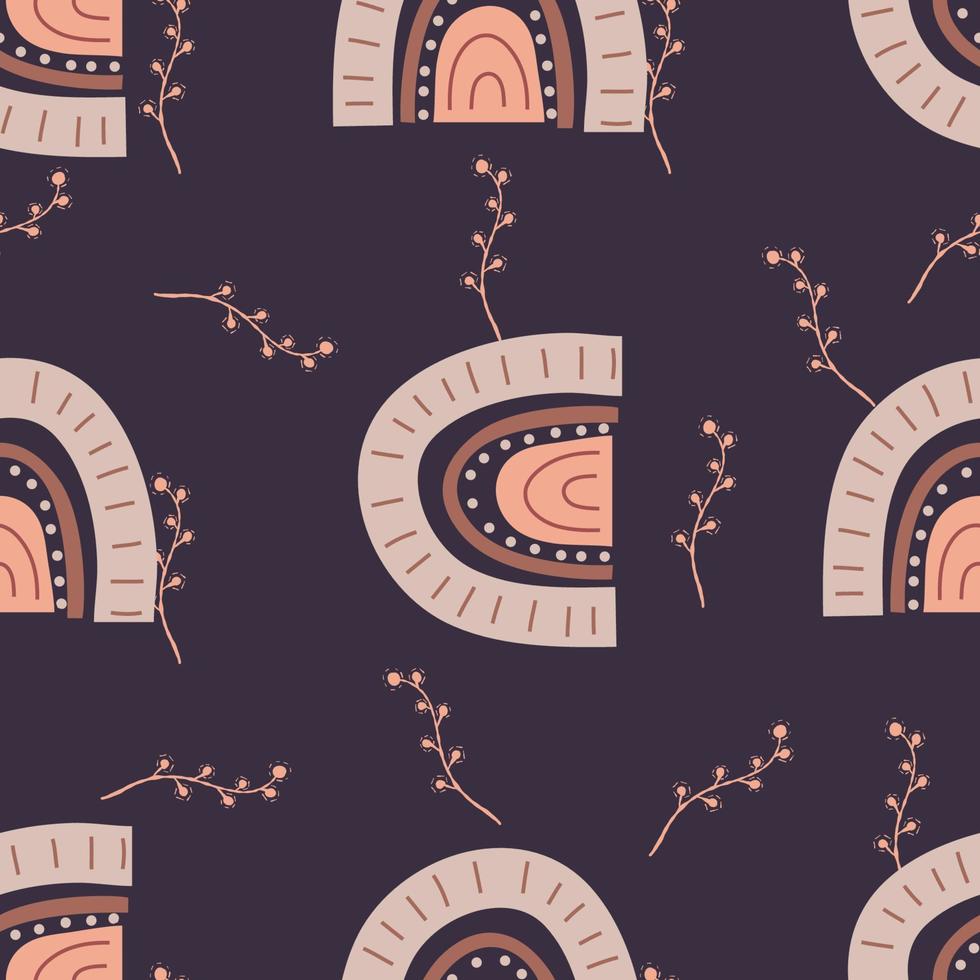 Boho rainbow seamless pattern, bohemian repeating pattern in earthy colors.For baby textiles in a flat Nordic style. Vector illustration with simple shapes and striped rainbows.