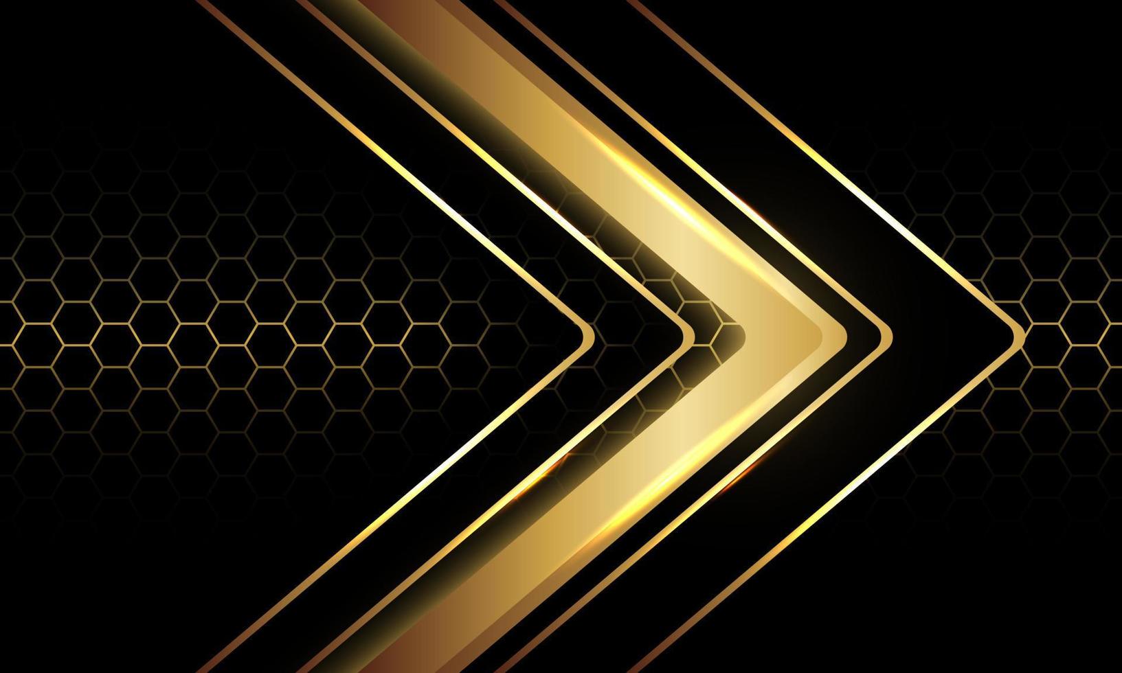 Abstract gold black arrow direction geometric on hexagon mesh design modern luxury futuristic technology background vector