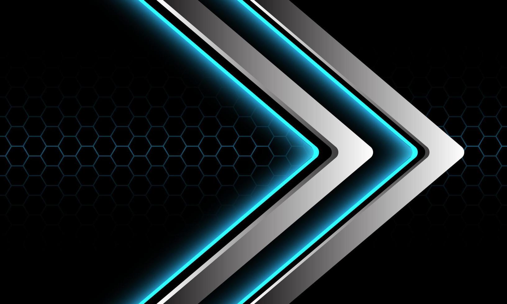 Dirección de flecha de neón de luz azul plateada abstracta geométrica en diseño de malla hexagonal oscuro fondo de tecnología futurista de lujo moderno vector