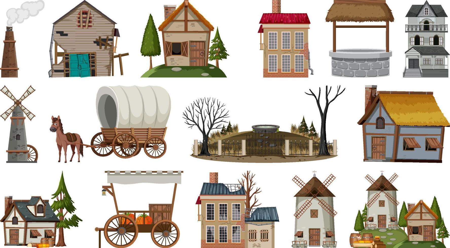 Set of abandoned houses and buildings vector