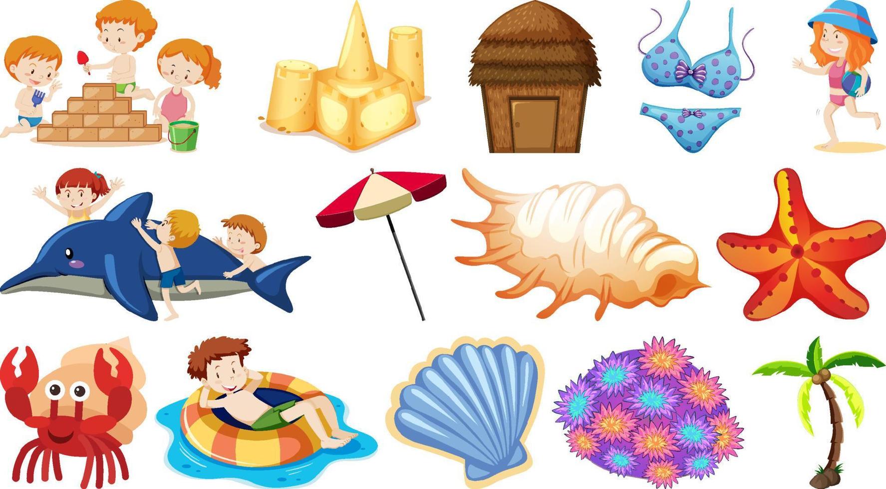 Set of summer beach objects and cartoon characters vector
