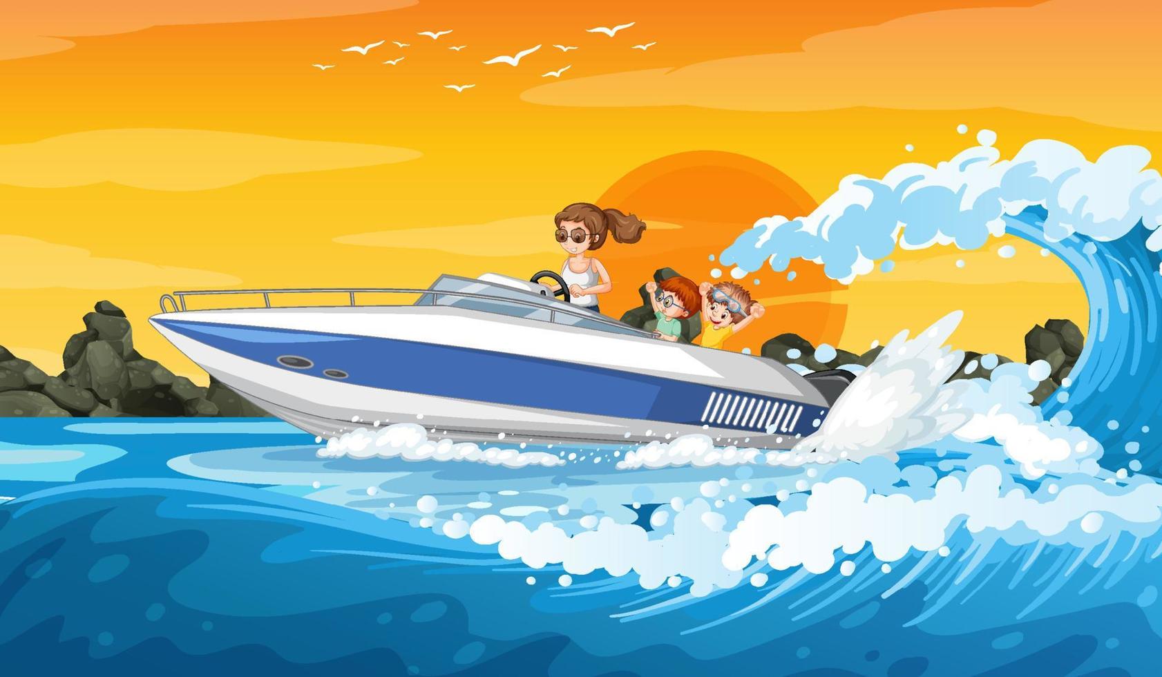 paisaje de olas del océano con una mujer conduciendo un bote con niños vector