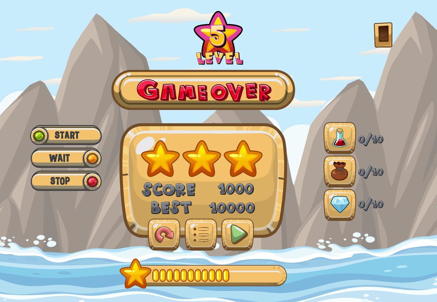 Game user interface with game over and three stars vector