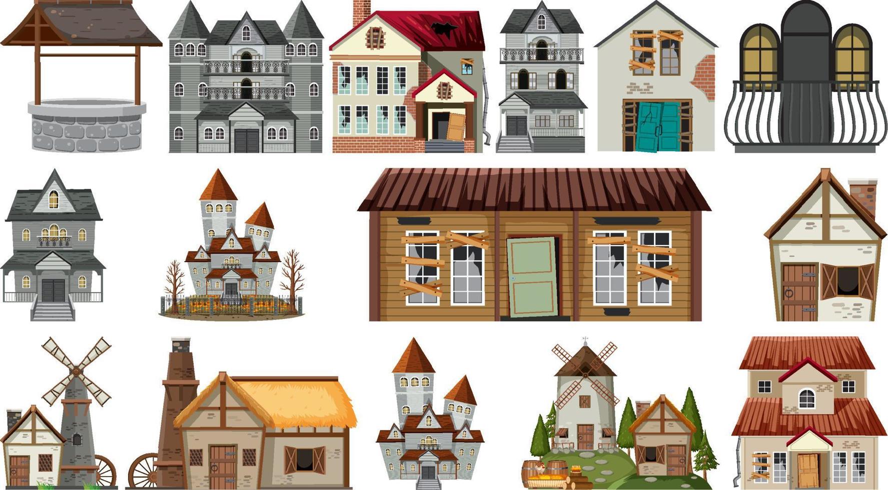 Set of abandoned houses and buildings vector