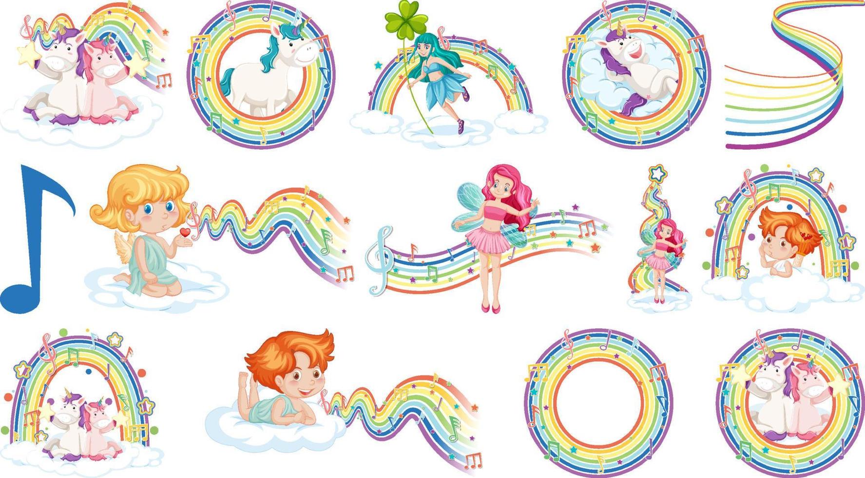 Set of fantasy fairies and cupids with rainbow elements vector