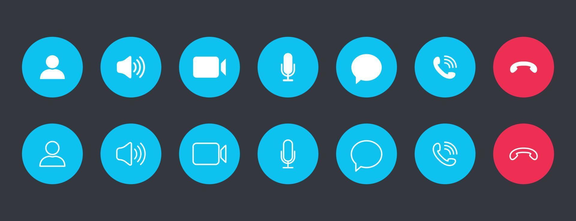 conjunto de iconos de videollamadas. colecciones de botones blancos para videoconferencia en línea en círculo azul. vector