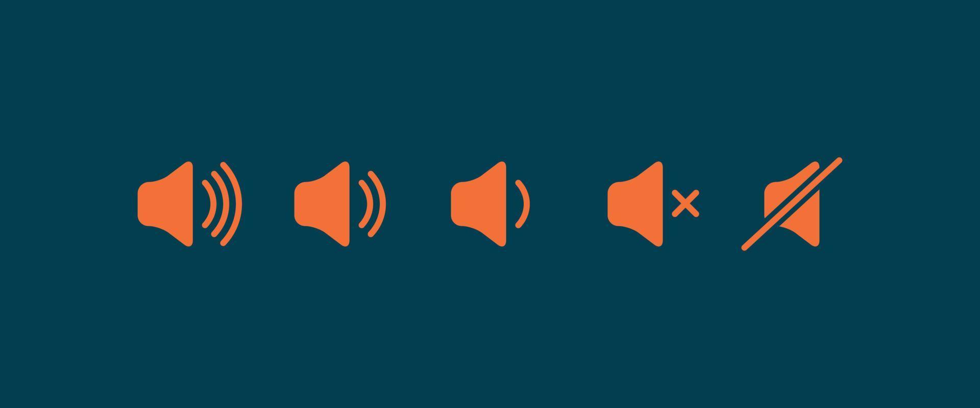 Sound volume flat icon. Sign for increases and reduces loud sound. Set of orange volume level icons on blue background vector
