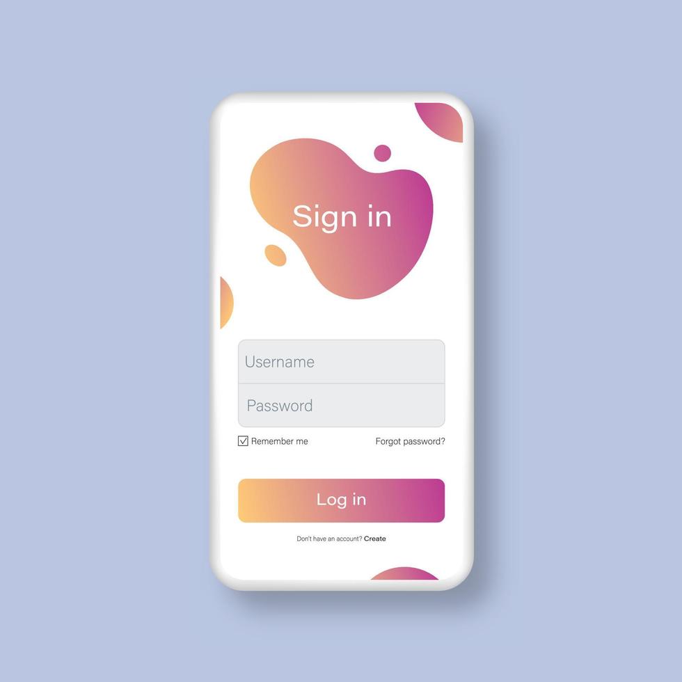 Sign in form page template on white smartphone. Mobile phone mockup with login application with password form window. Vector