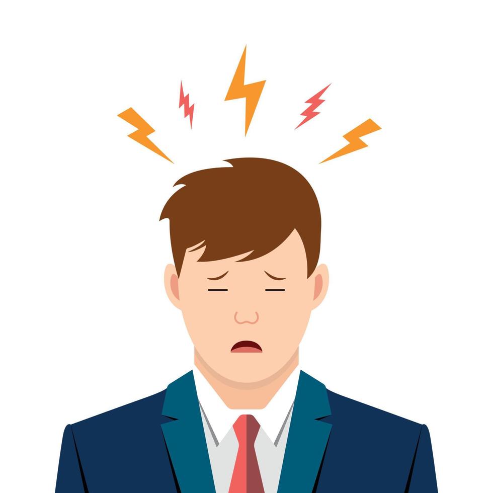 Young man with a headache. Stress situation concept. Fatigue of worker person is suit. Vector illustration