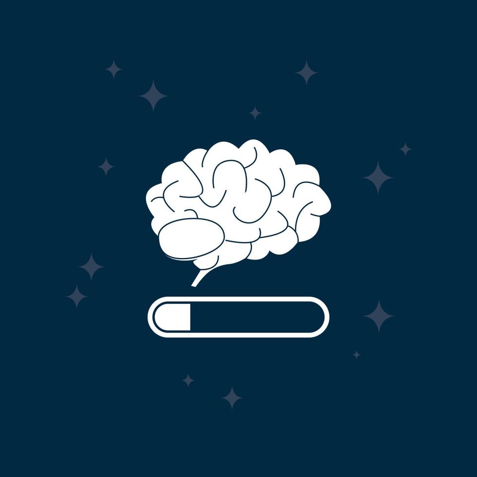 White tired brain on night blue background. Fatigue of brain concept. Low mind activity. Mental loading. Vector