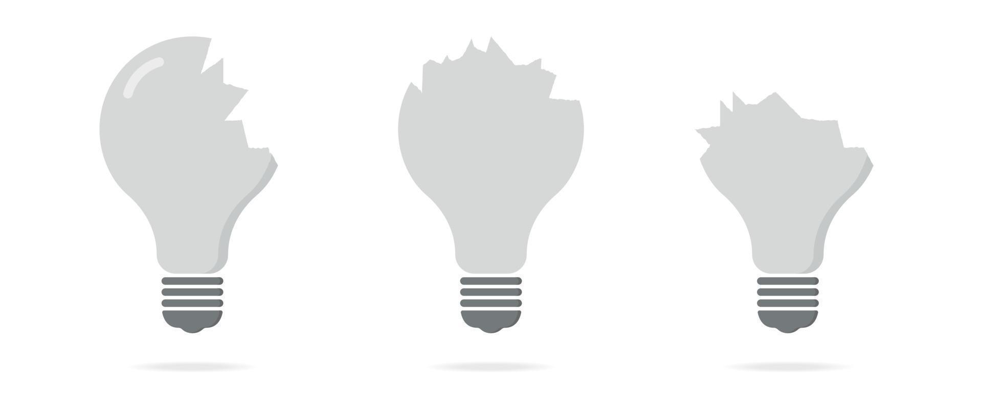 Broken lamp concept on white background. Set of crashed bulb. Cartoon vector