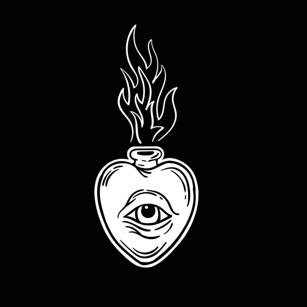 corazón ojo fuego ilustración en blanco y negro impresa en camisetas, chaqueta, recuerdos o tatuajes vector gratuito