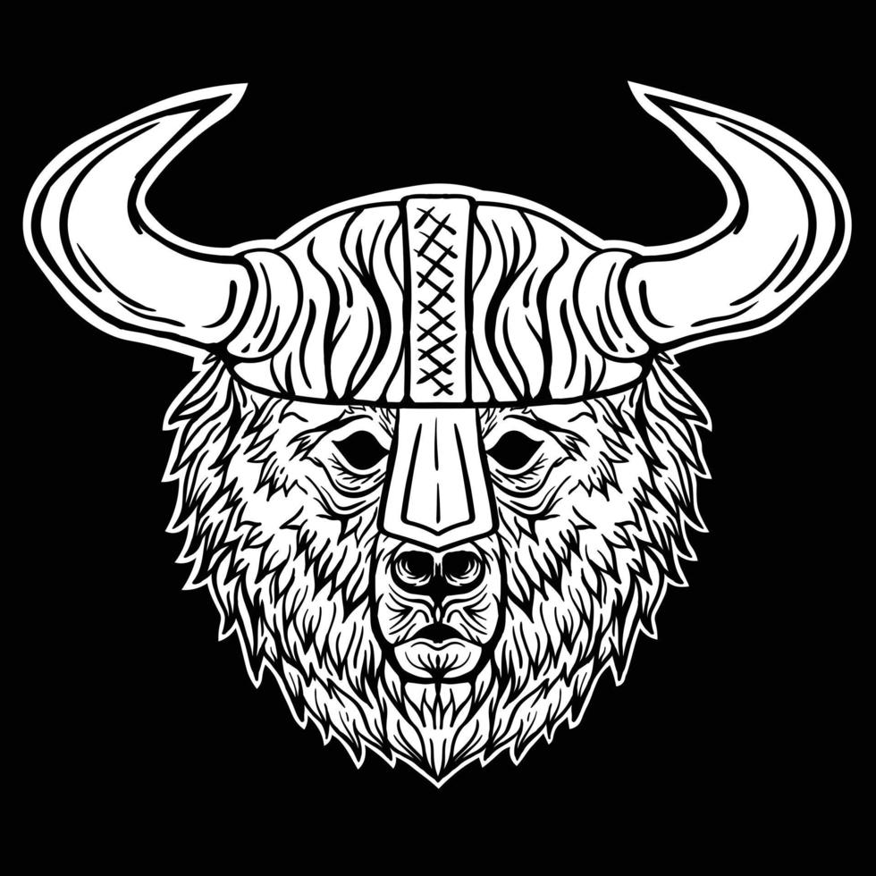 Ilustración en blanco y negro de vikingo oso grizzly impresa en camisetas, chaqueta, recuerdos o tatuajes vector gratuito