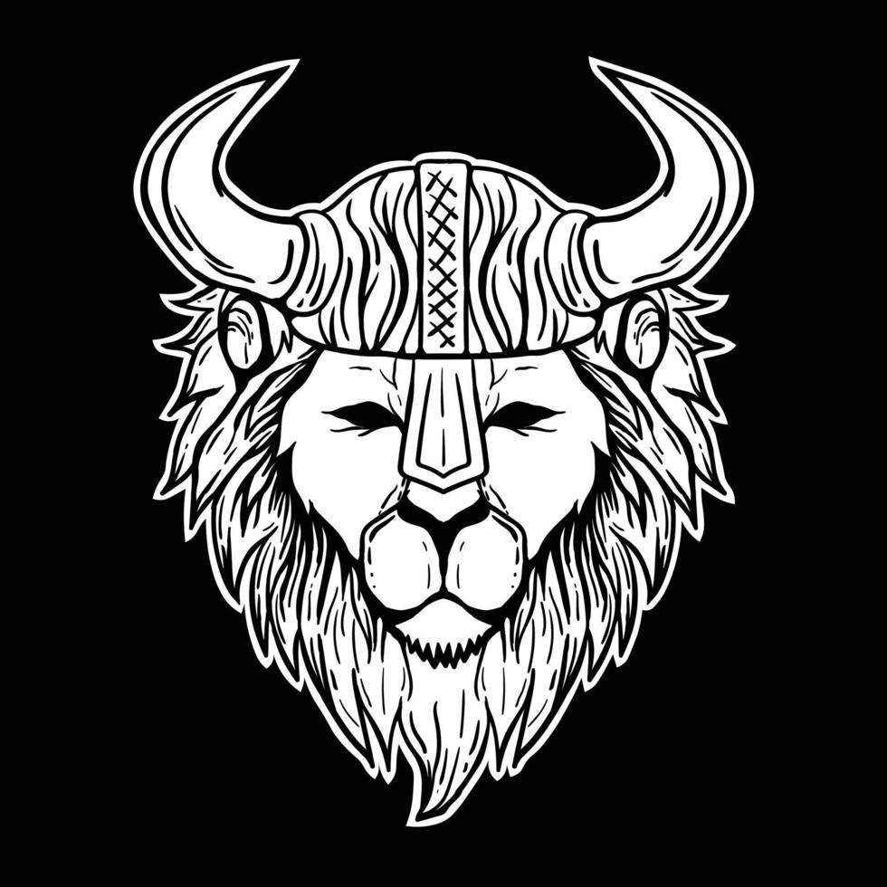 Ilustración de león vikingo en blanco y negro impresa en camisetas, chaqueta, recuerdos o tatuajes vector gratuito