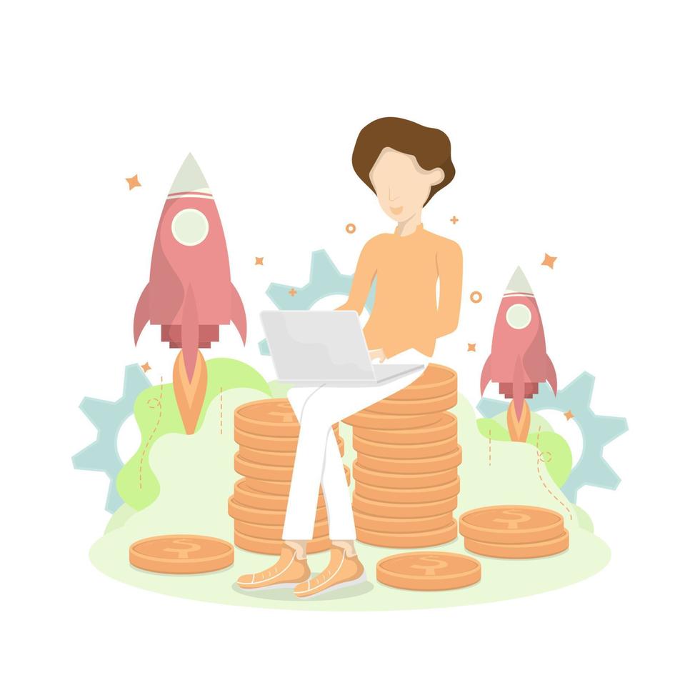 Vector creative young man design, Cartoon character young man sitting on coin pile with laptop.