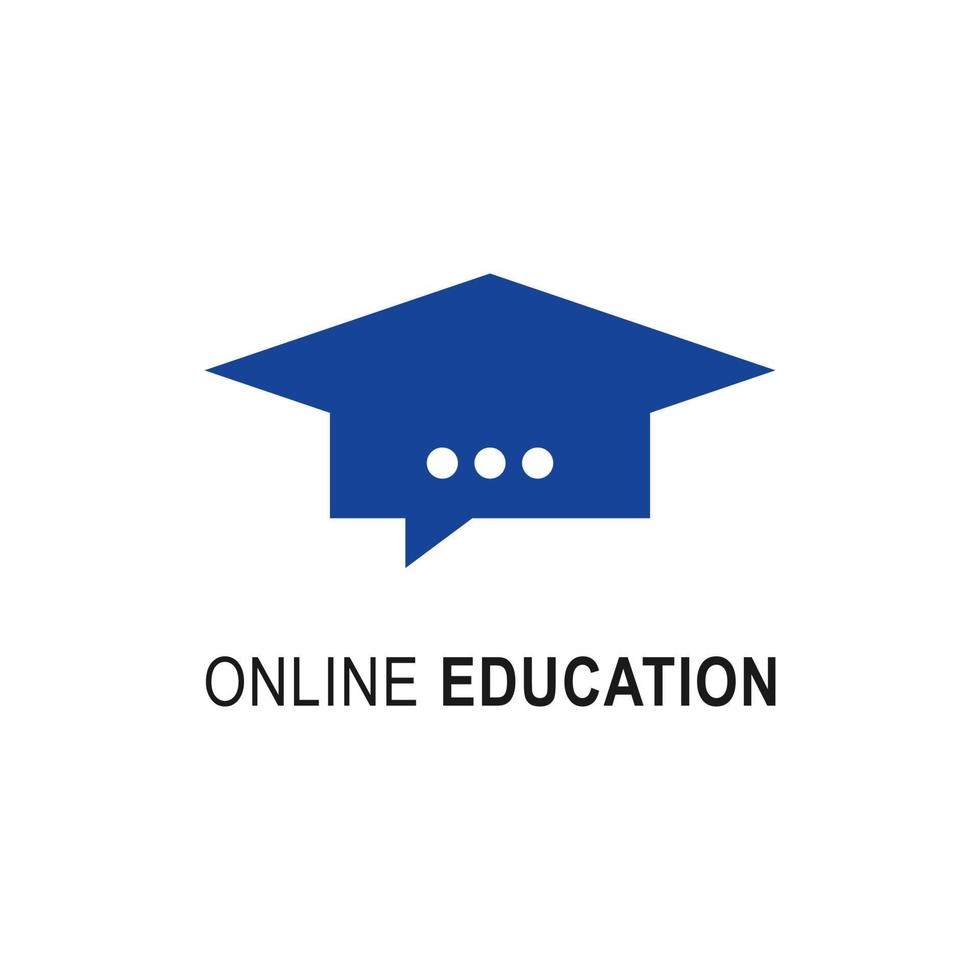 Online education logo design template. Graduation cap with icon chat emblem for digital courses, classes and schools vector illustration. Business company, online university and learning concept.
