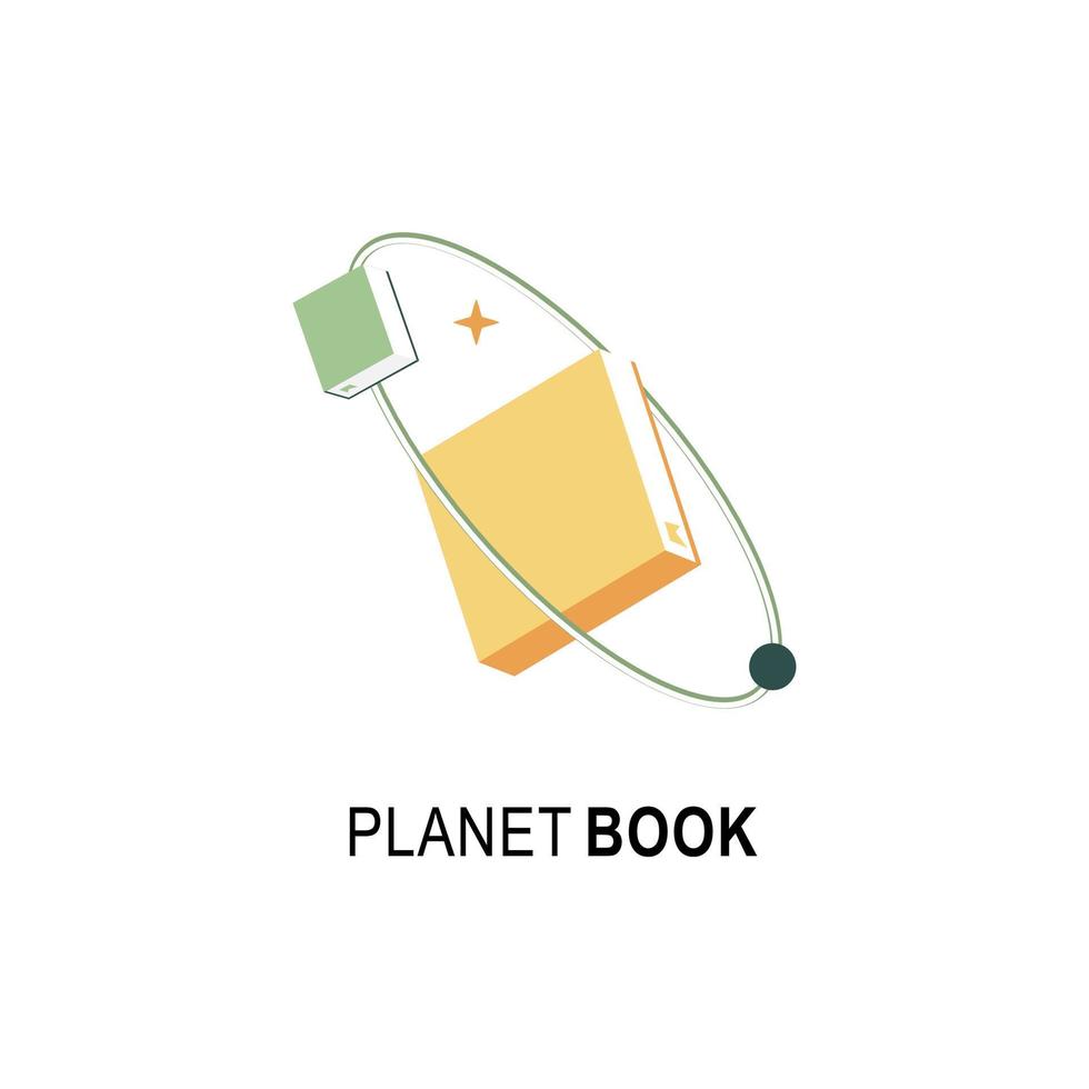 Planet book logo design template. Book icon and galaxy emblem for courses, classes and schools vector illustration. Kids education, e-book, business company, library, store and learning concept.