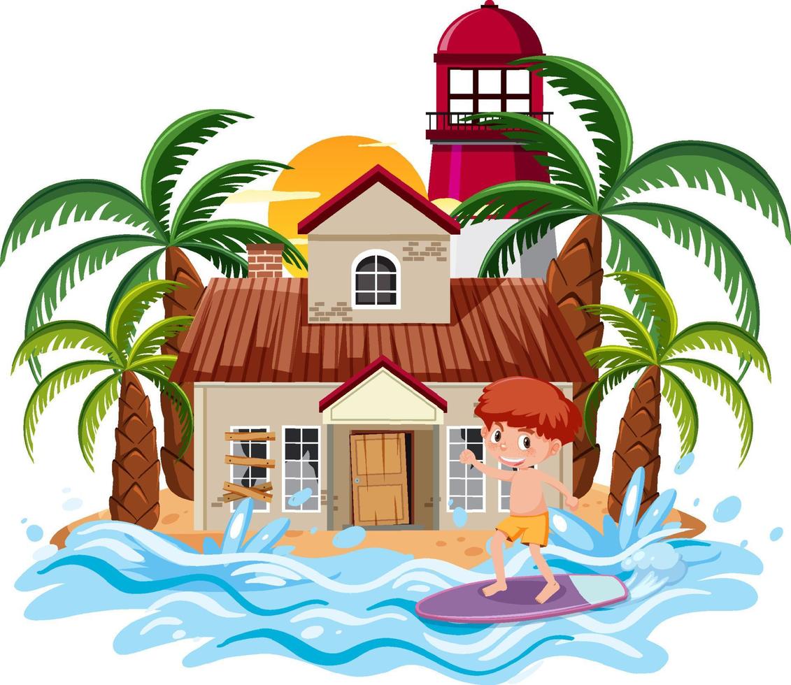 Boy surfing in front of old beach house vector