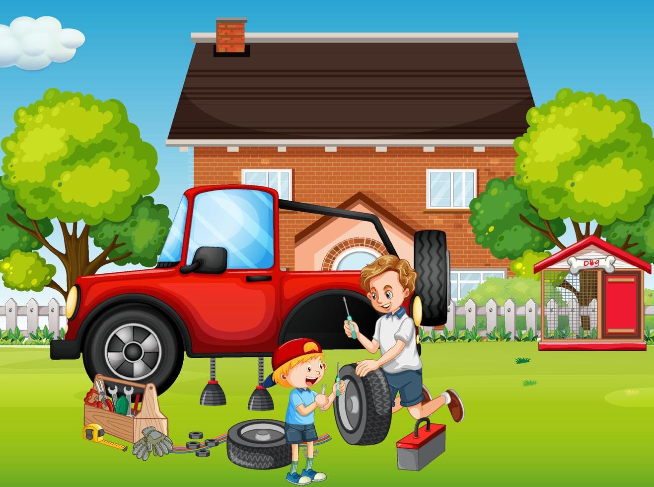 Outdoor scene with dad and son fixing a car together vector