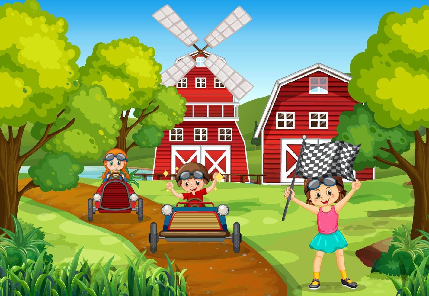 Park scene with children using technology devices vector