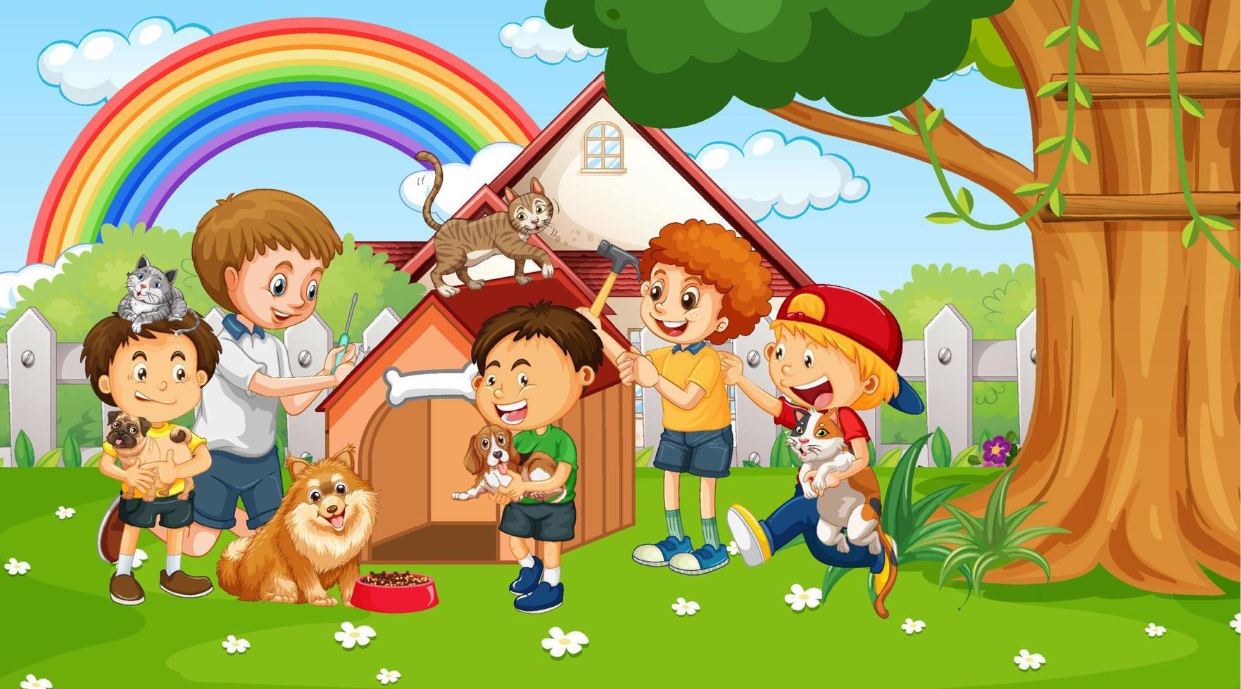 Park scene with children playing with their animal pets vector