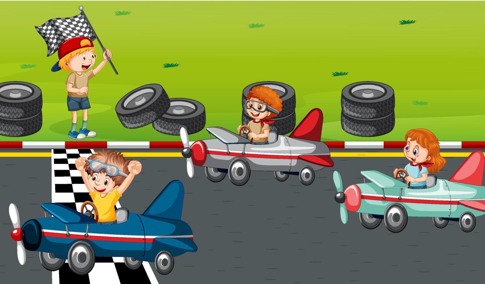 Soapbox derby scene with children racing car vector