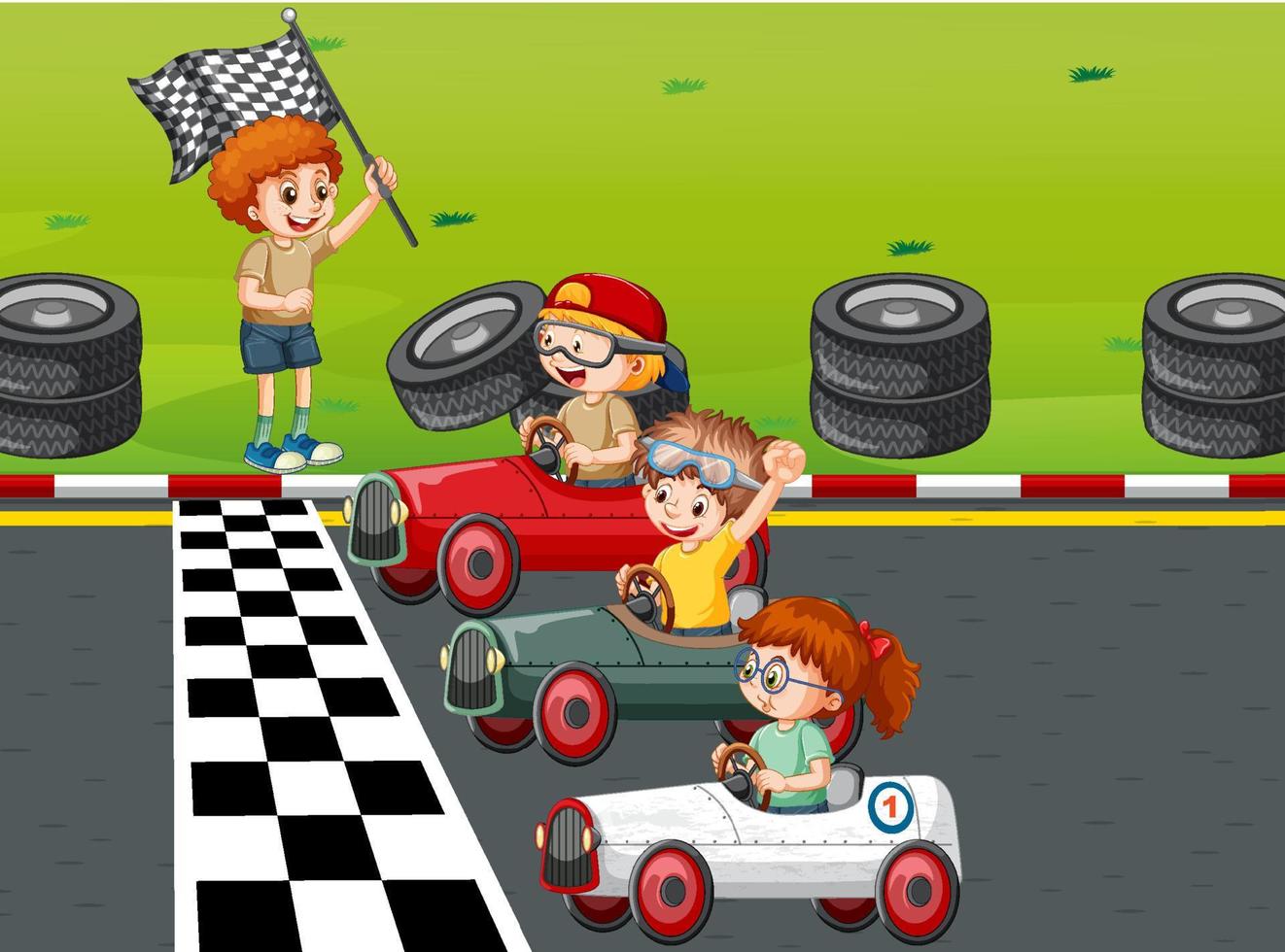 Soapbox derby scene with children racing car vector