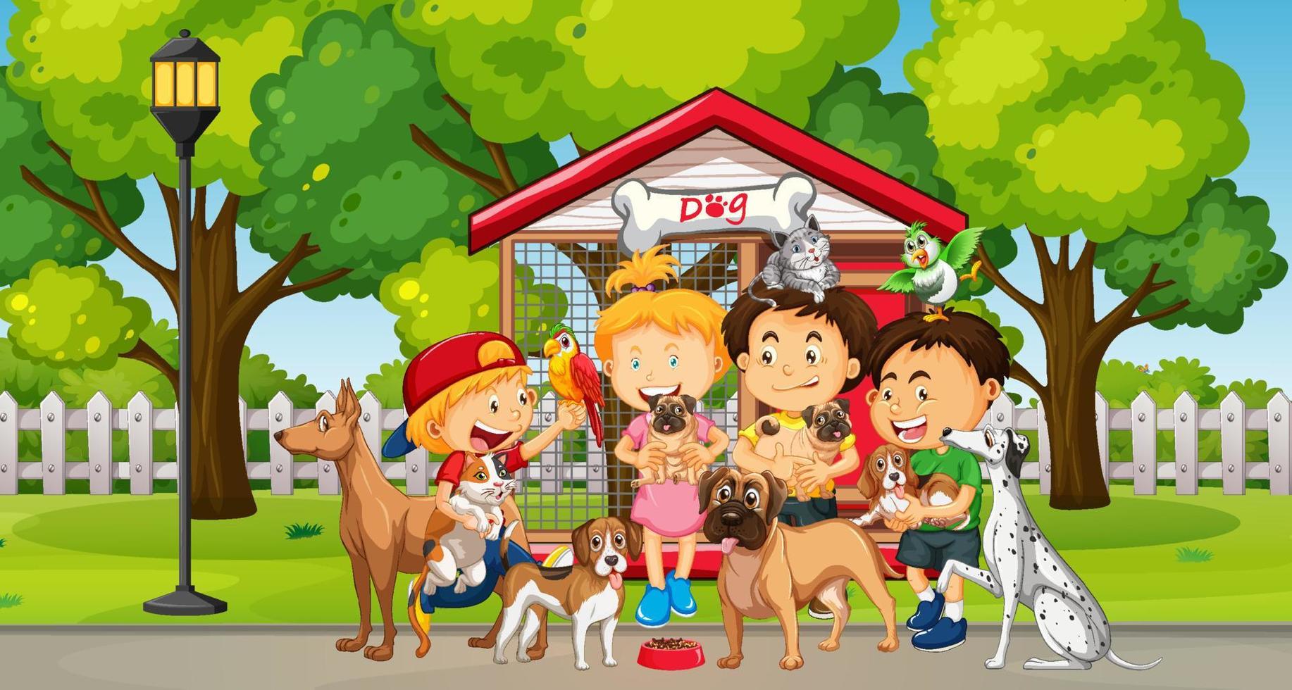 Children playing with their animals at the park vector