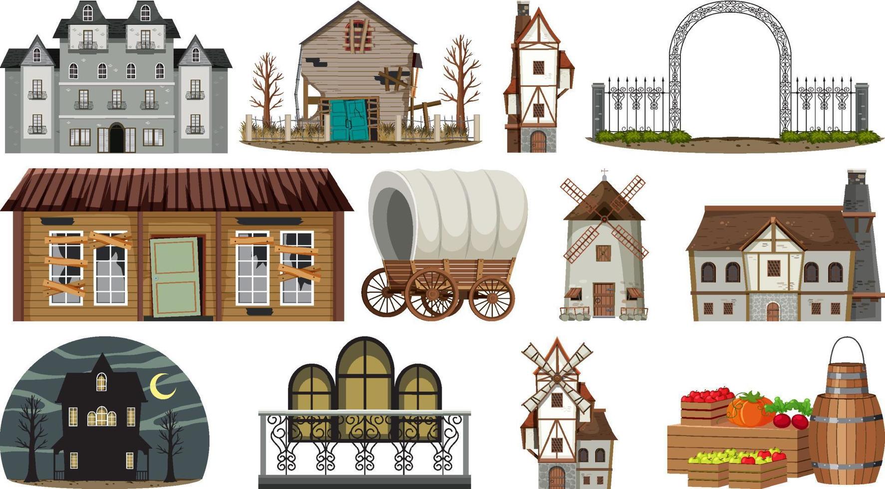 Set of abandoned houses and buildings vector