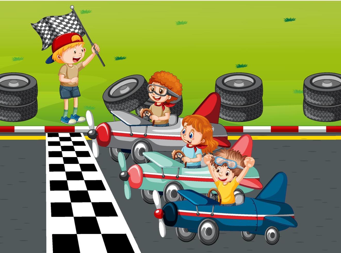 Soapbox derby scene with children racing car vector