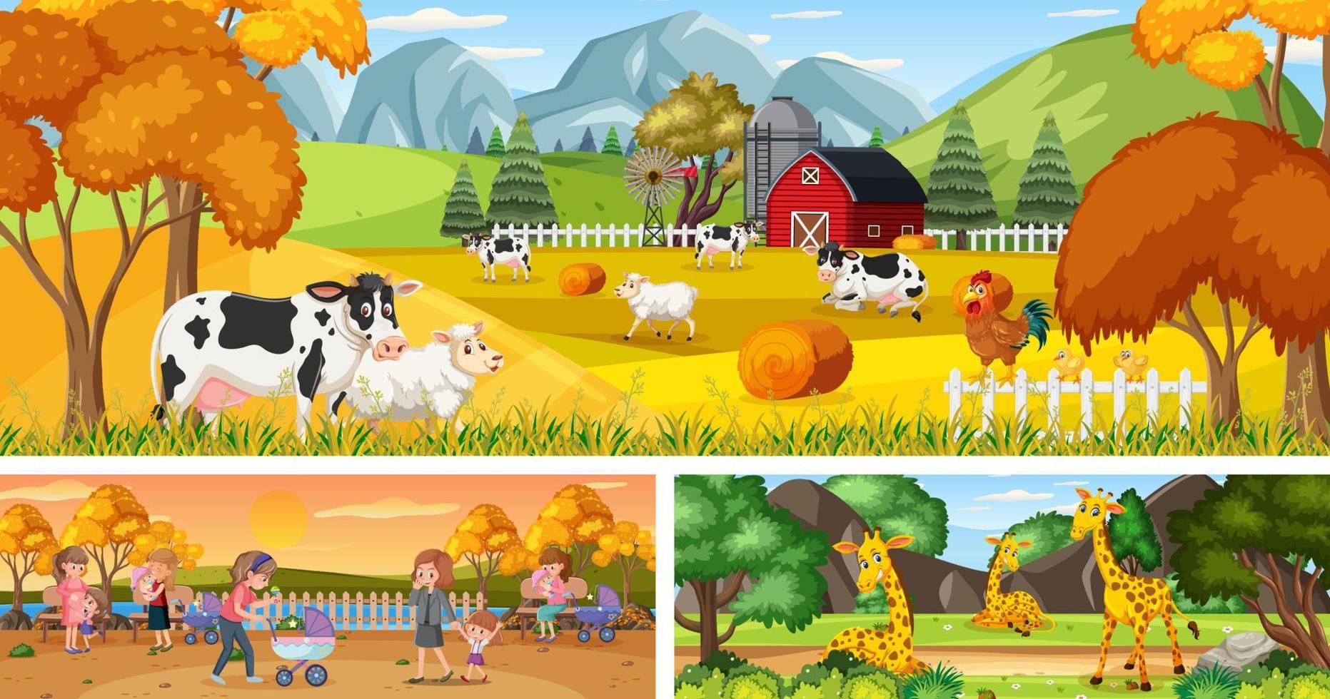 Outdoor panoramic landscape scenes set with cartoon character vector