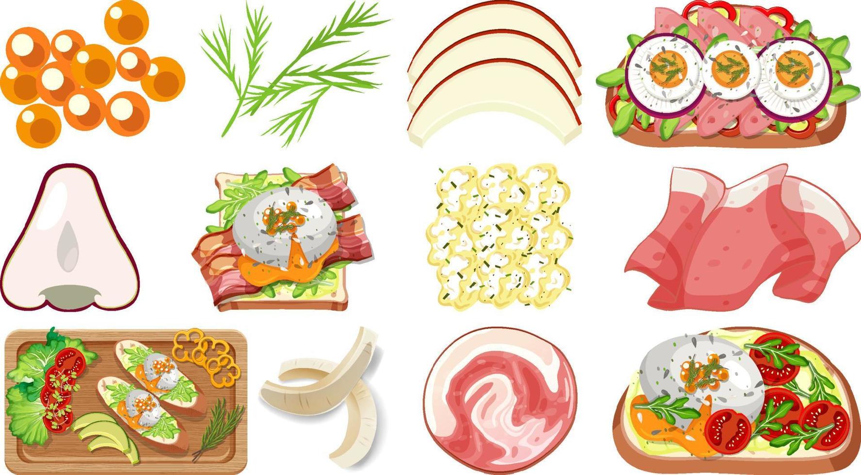 Collection of food ingredients on white background vector