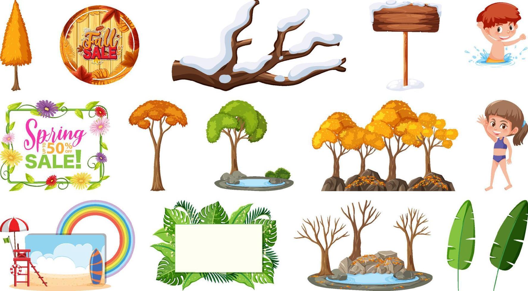 Conjunto de árboles de cuatro estaciones y objetos de la naturaleza. vector
