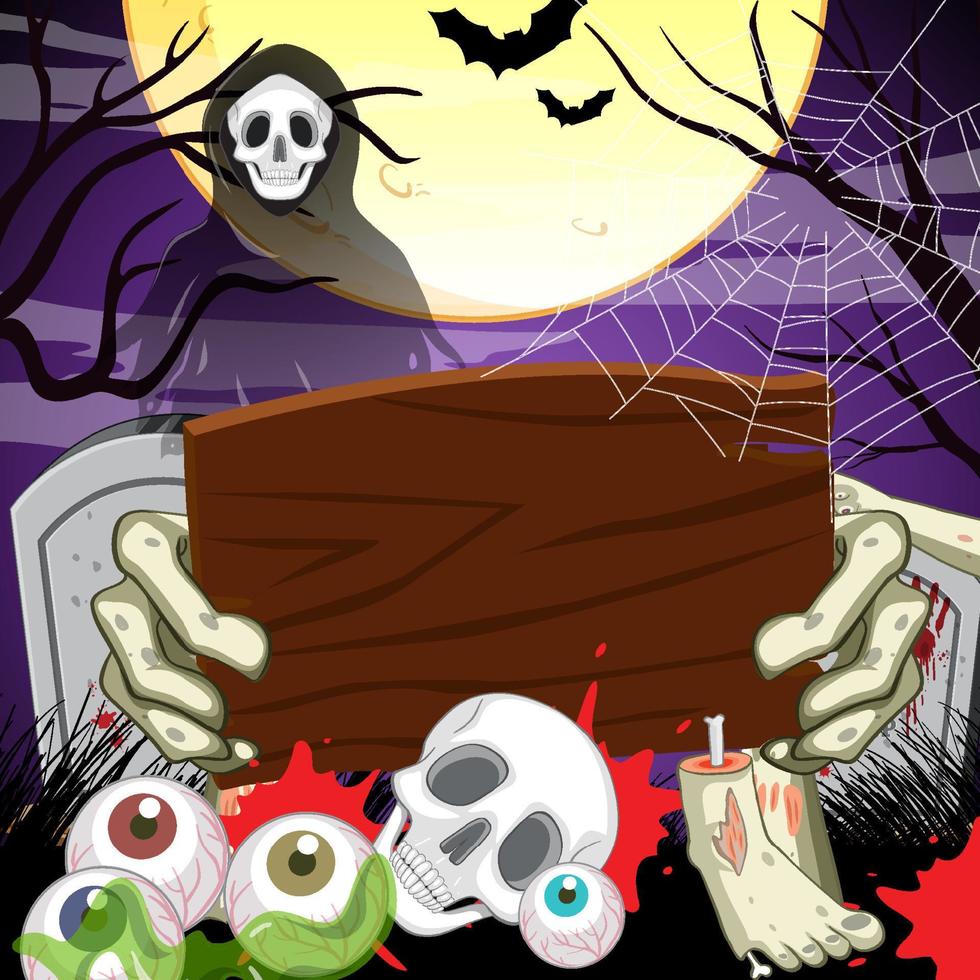 Empty wooden board on scary cemetery forest vector