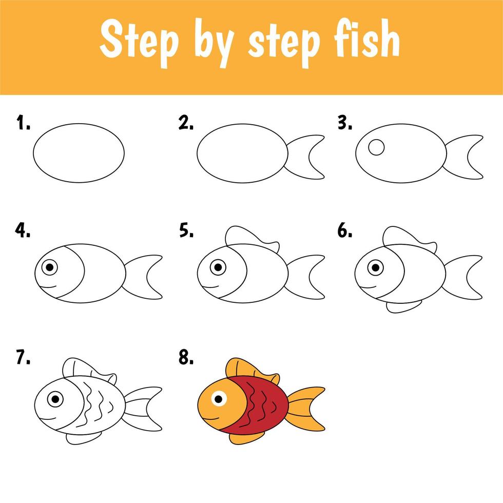 Step by step drawing fish for children vector