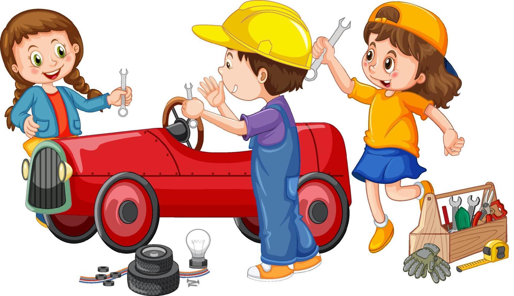 Children repairing a car together vector