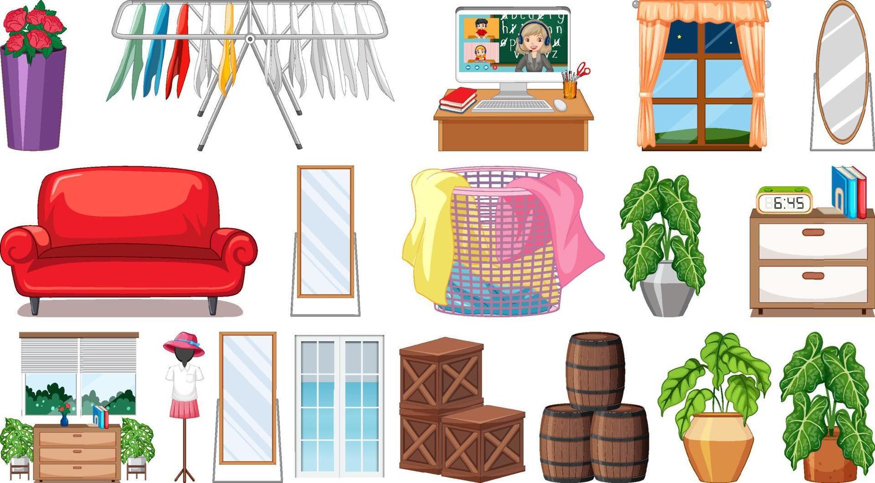 Set of interior furniture and decorations vector