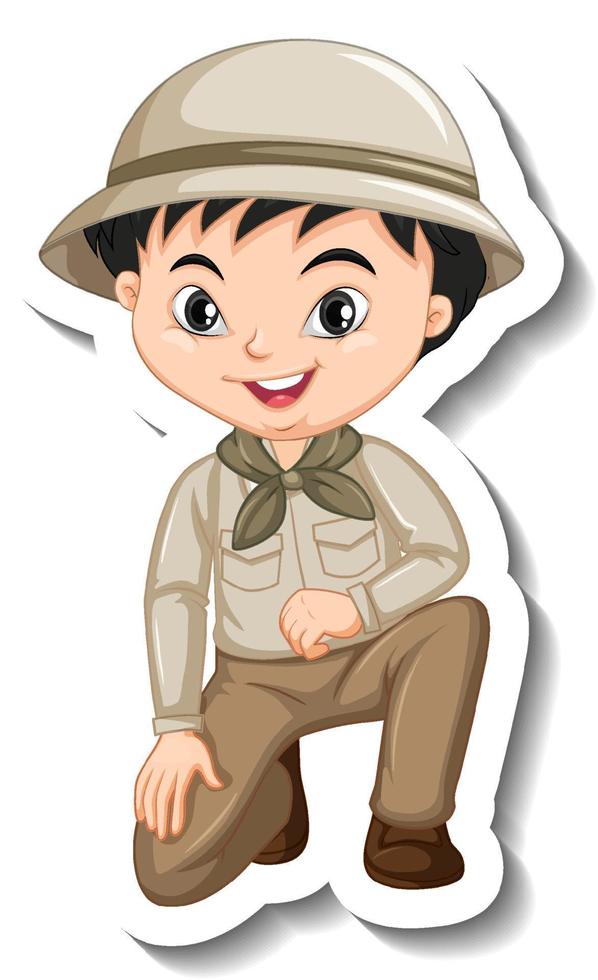 niño en traje de safari etiqueta engomada del personaje de dibujos vector