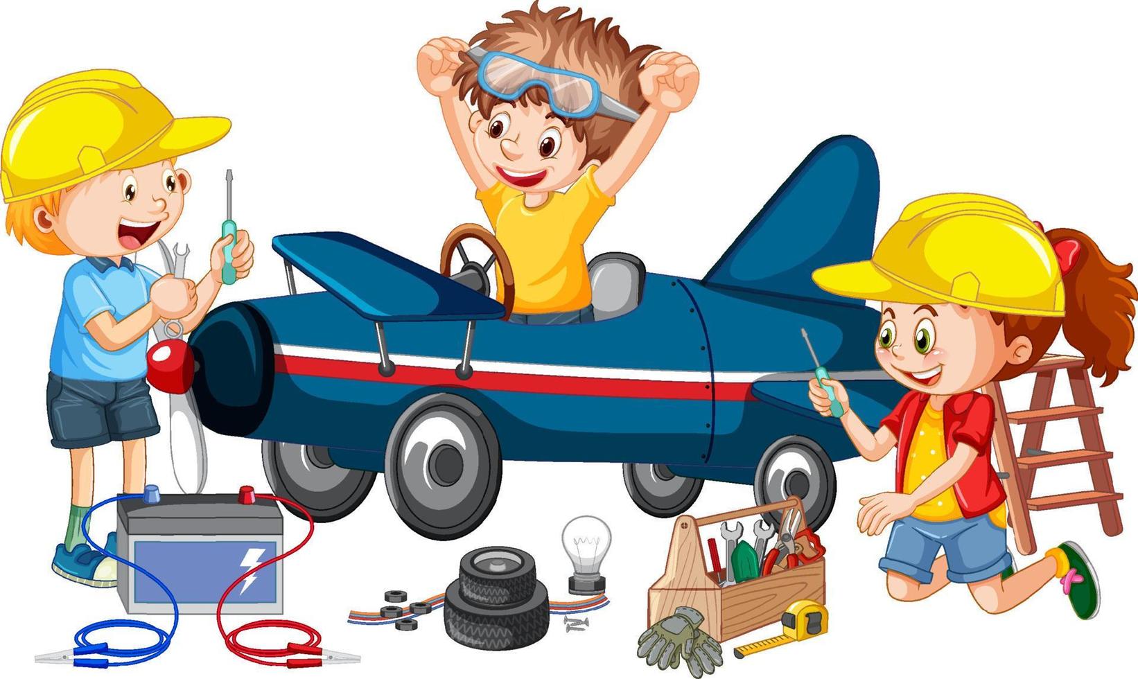 Children fixing a plane together vector