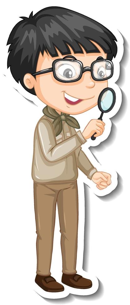 Safari boy using magnifying glass cartoon character sticker vector